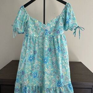 NEW Blue/white/purple floral puff sleeve doll mini dress Small
